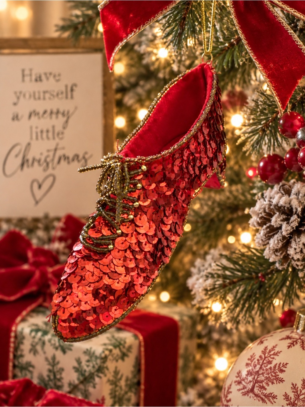 Vintage Department 56 Red Sequined Lace Up Shoe Christmas Ornament
